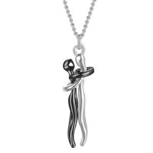 Stainless Steel Hugging Couple Pendant Necklace - Silver Male & Black Female